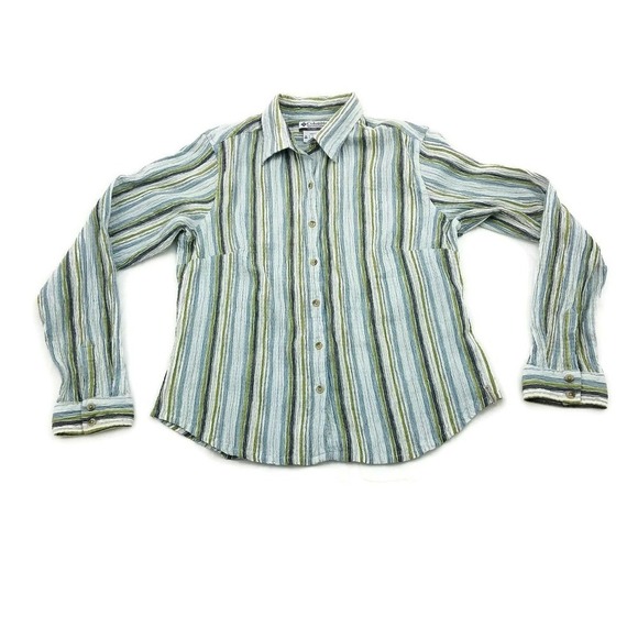 Columbia Striped Shirt Womens Blue/Green Crinkled L/S Button Up Cotton Stretch M - Picture 1 of 6